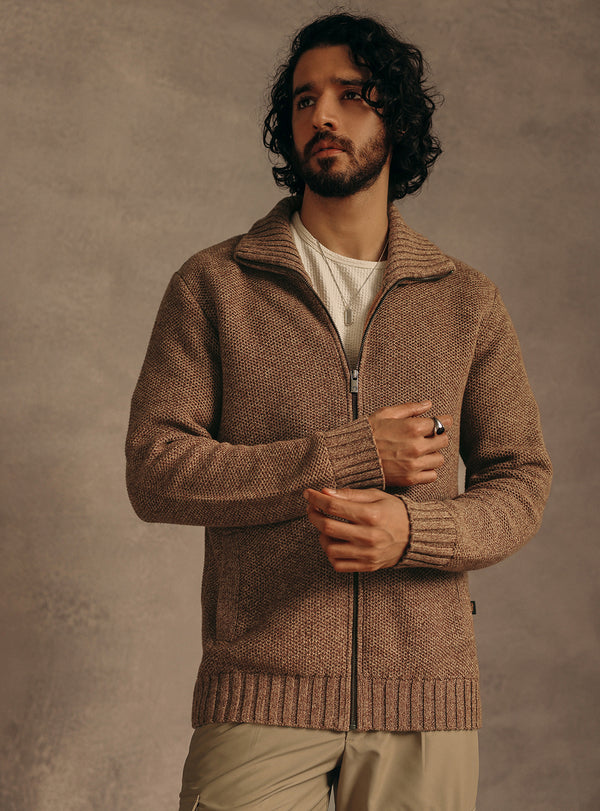 Copper Brown Cotton Melange Bomber Jacket