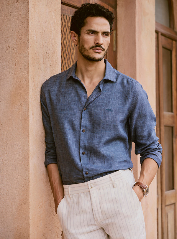 Port Navy Linen Check Shirt