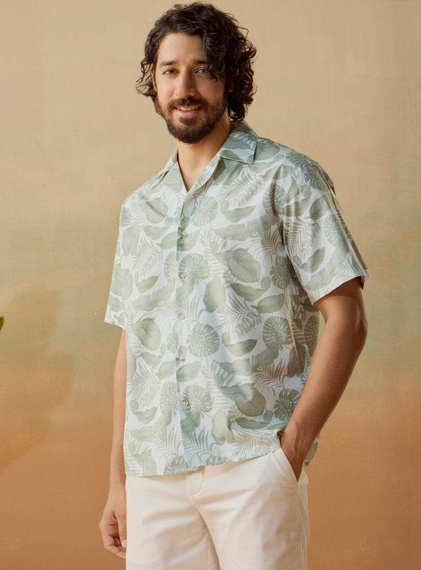 Monstera Inc Green Cotton Blend Print Shirt