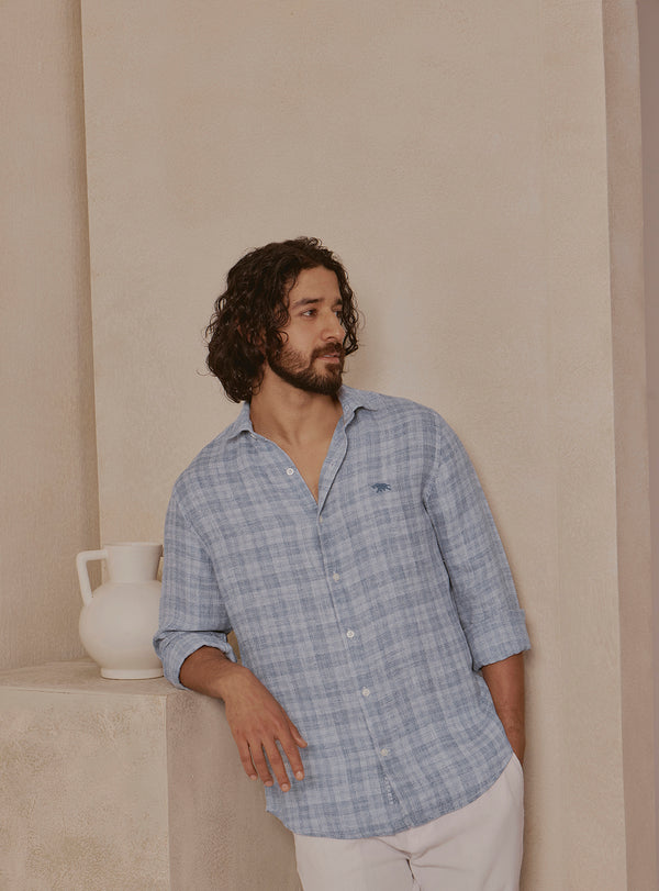 Harbour Blue Linen Check Shirt