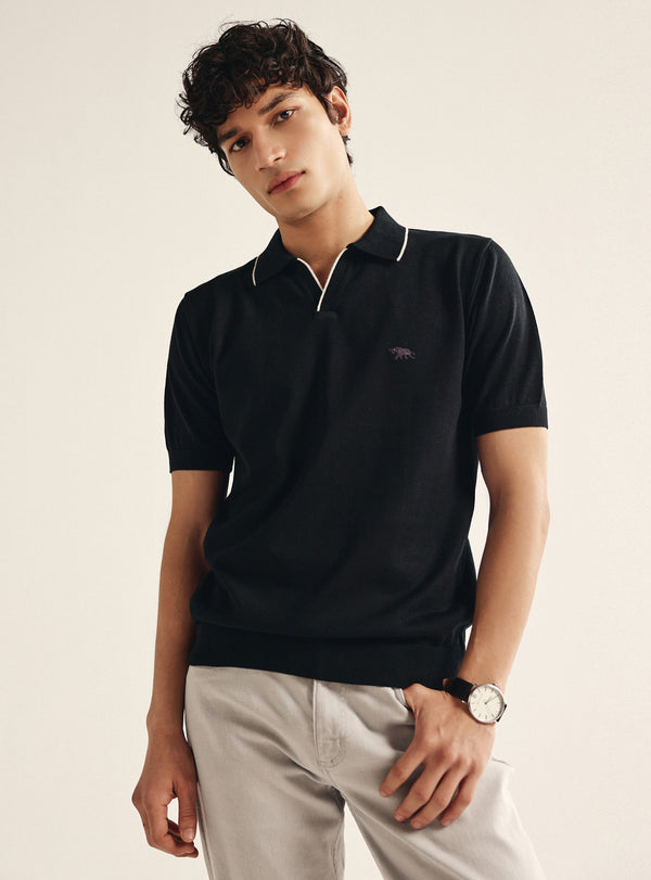 Bespoke Black Cotton Polo Shirt
