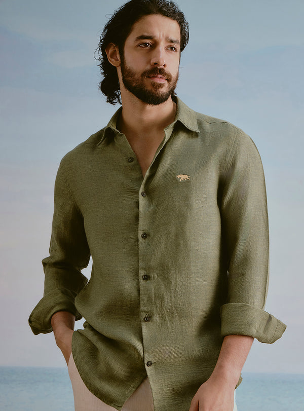 Moss Olive Linen Dobby Shirt