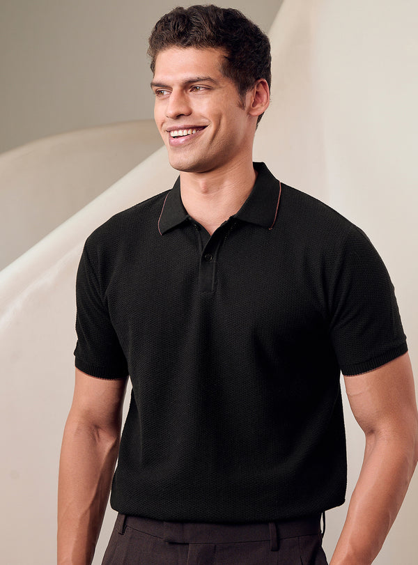 Licorice Black Cotton Pointelle Polo
