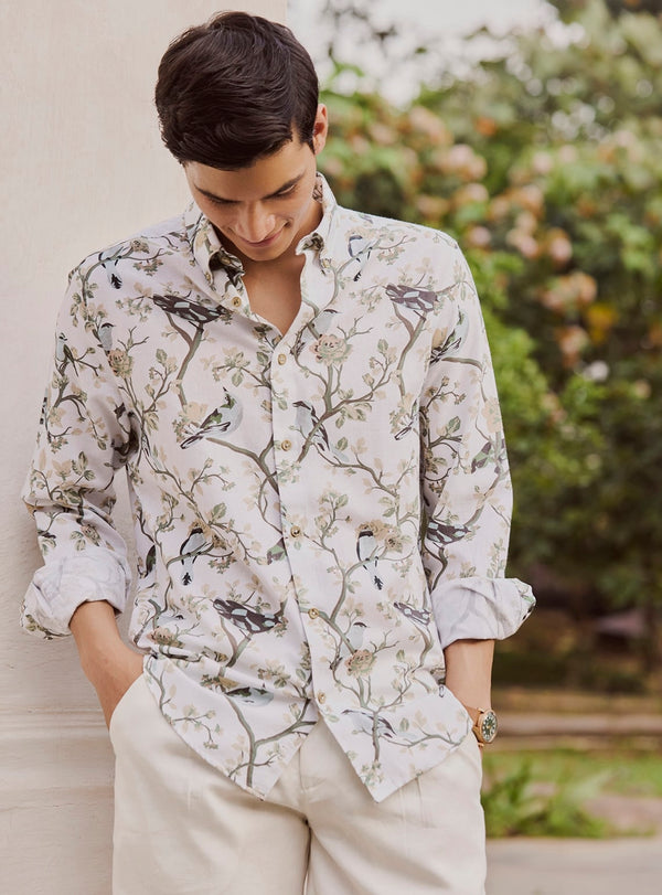 White Flock Cotton Linen Print Shirt