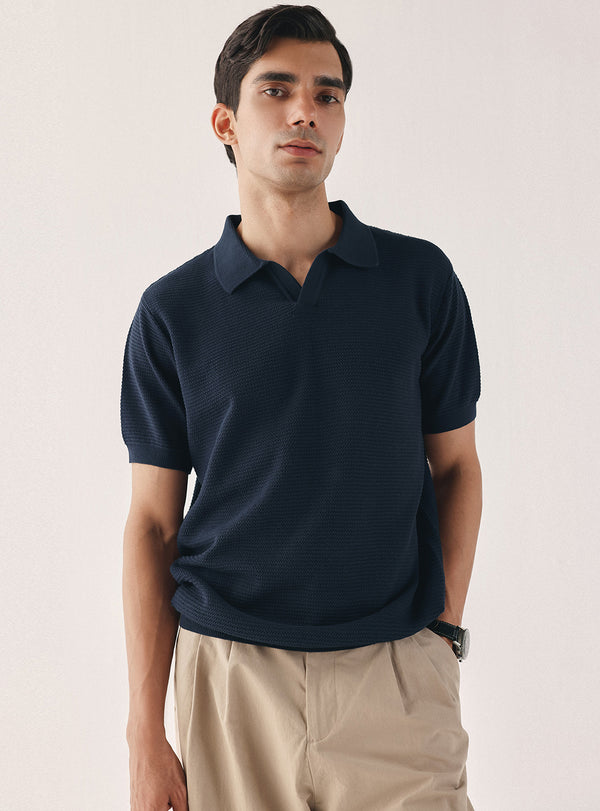 Deep Navy Cotton Textured Polo