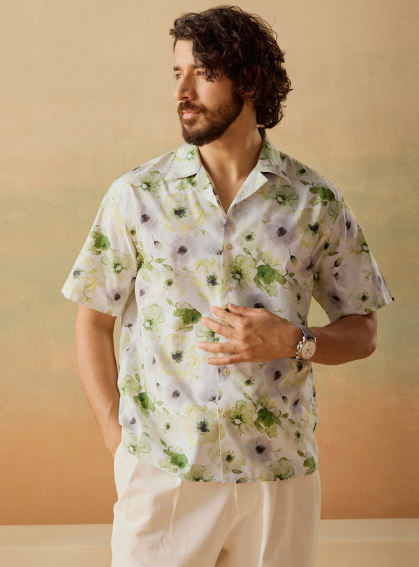 Green Flora Cotton Blend Print Shirt