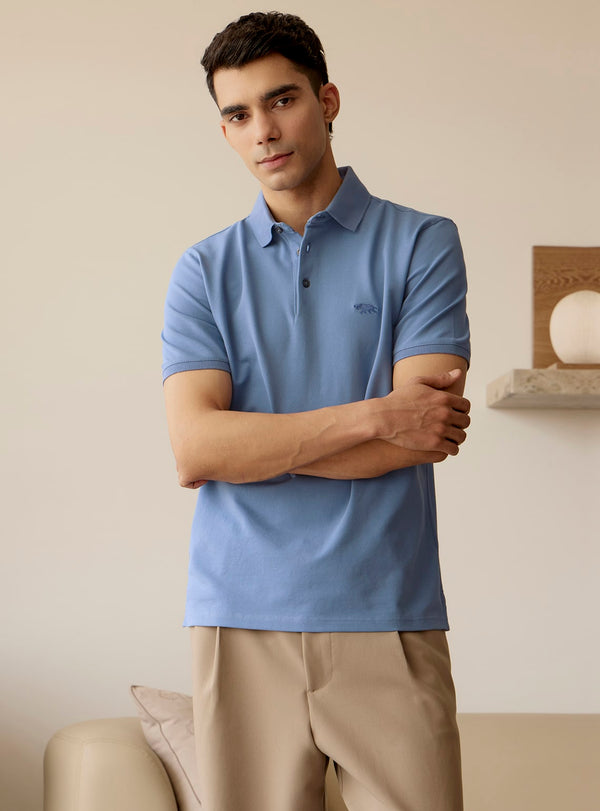 Azure Blue Cotton Blend Polo