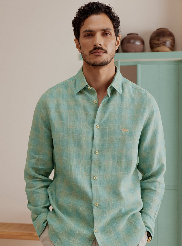 Teal Grid Linen Shirt