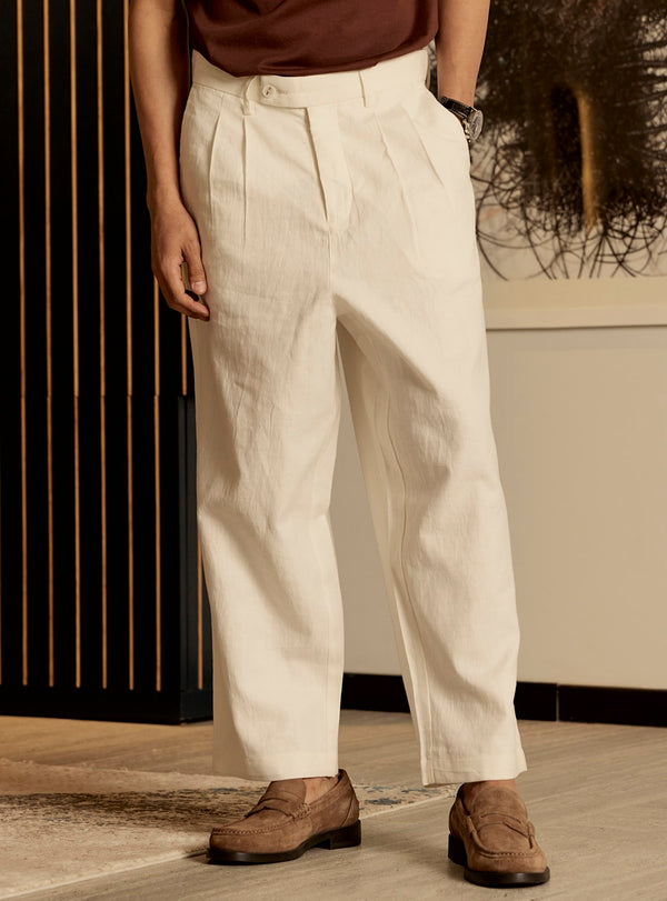 Off White Linen Blend Pleated Trousers
