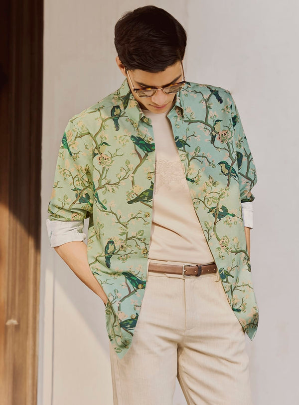 Green Flock Cotton Linen Print Shirt