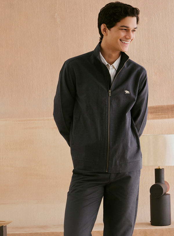 Onyx Black Cotton Linen Bomber