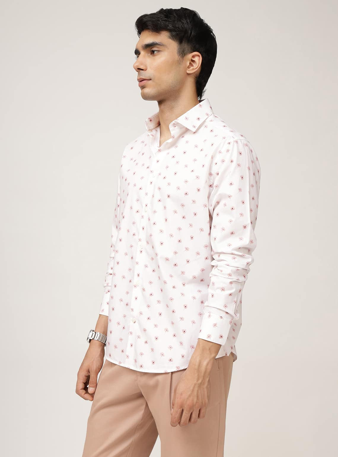 Coral Flora Print Cotton Shirt