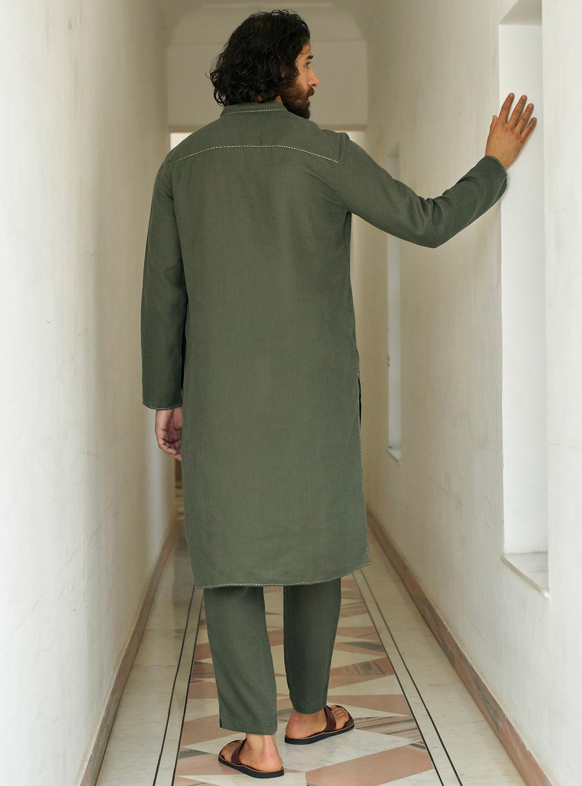 Nivaar Olive Linen Kurta