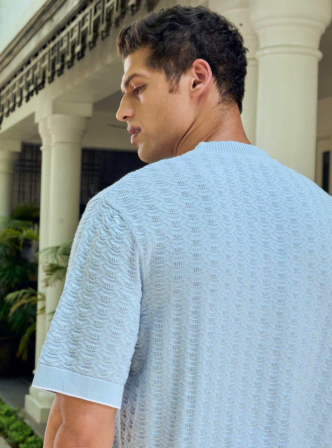 Casper Blue Cotton Pointelle Crew