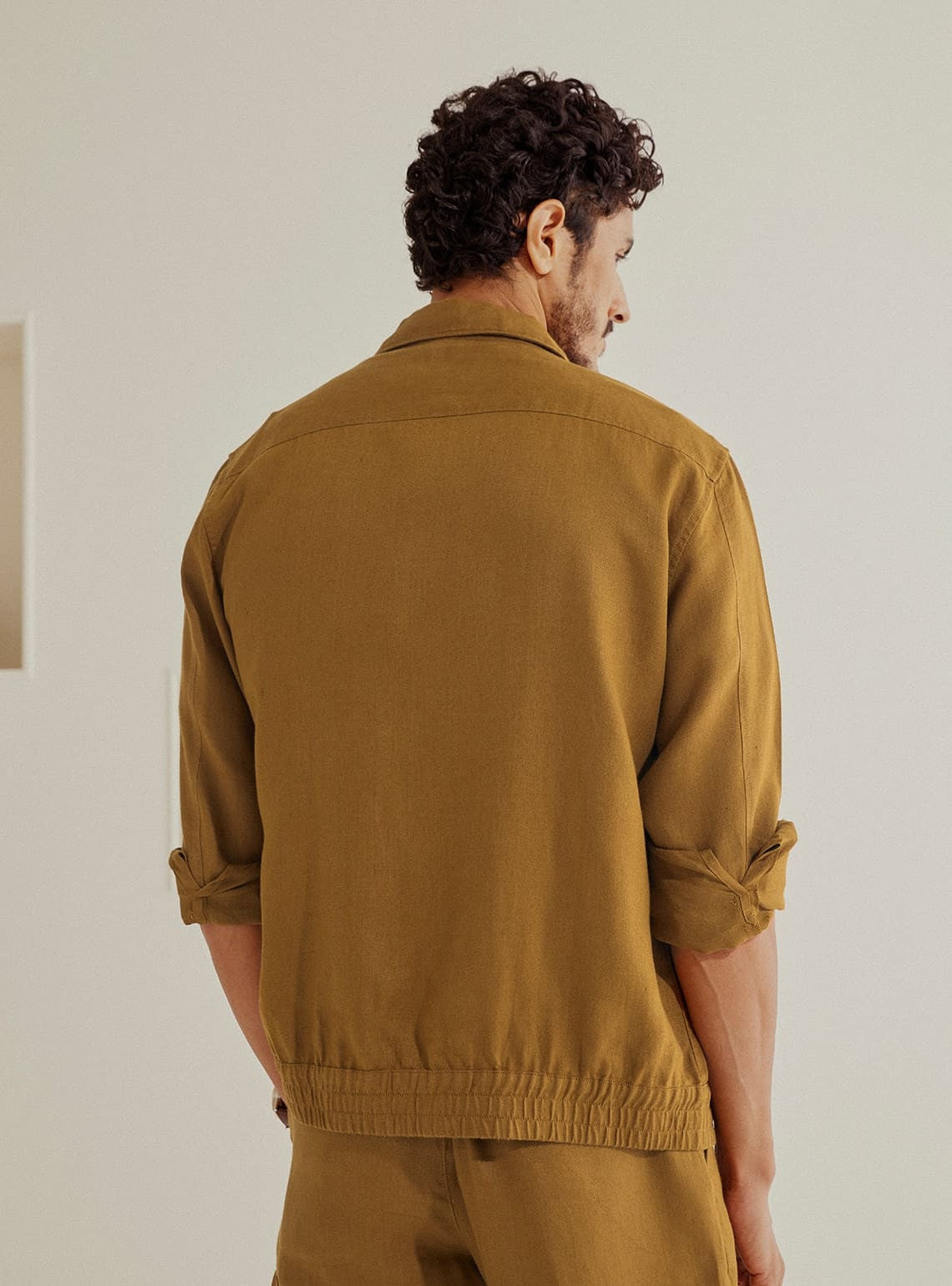 Tan Linen Bomber Jacket