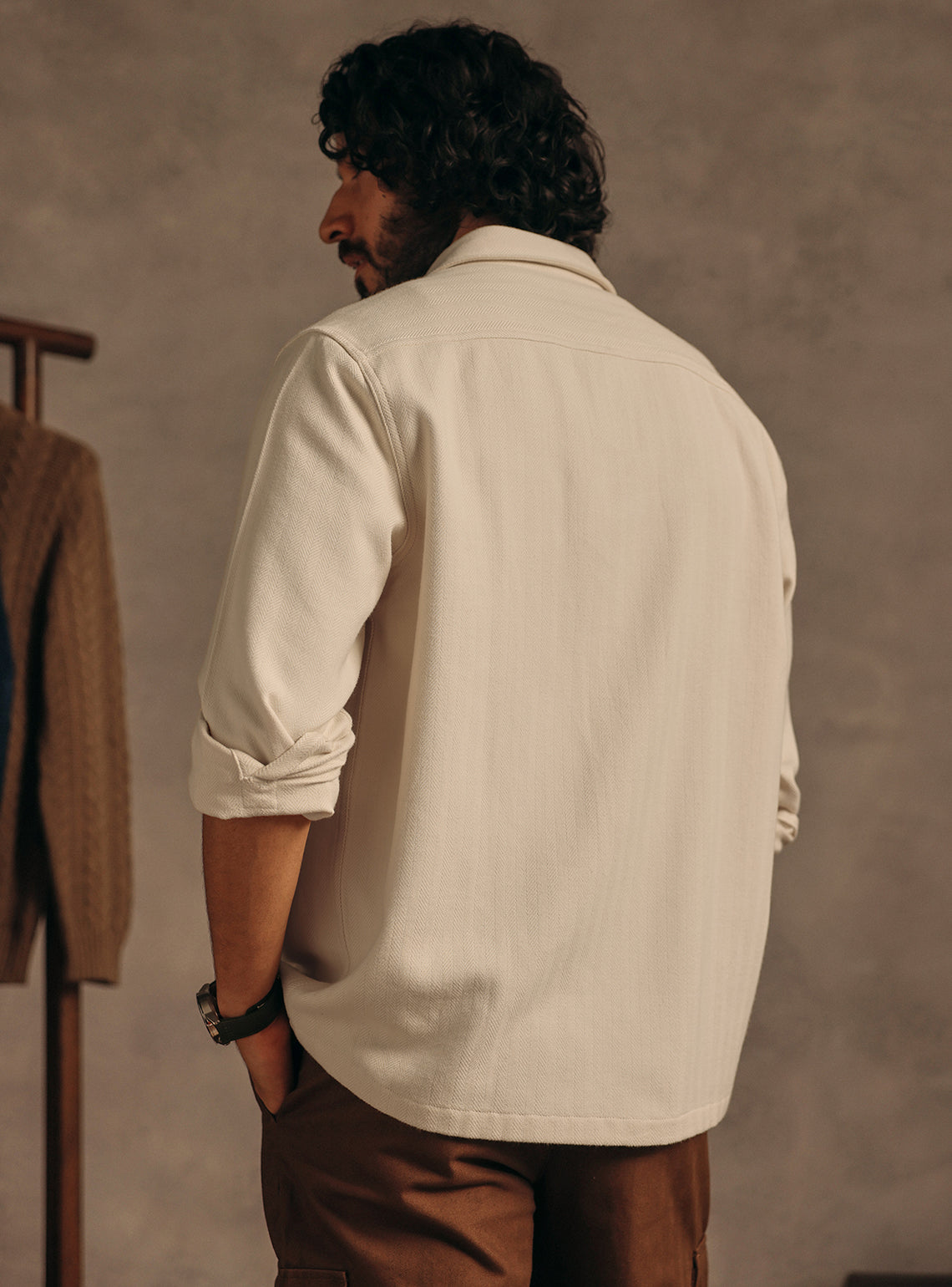 Napa Beige Cotton Herringbone Overshirt
