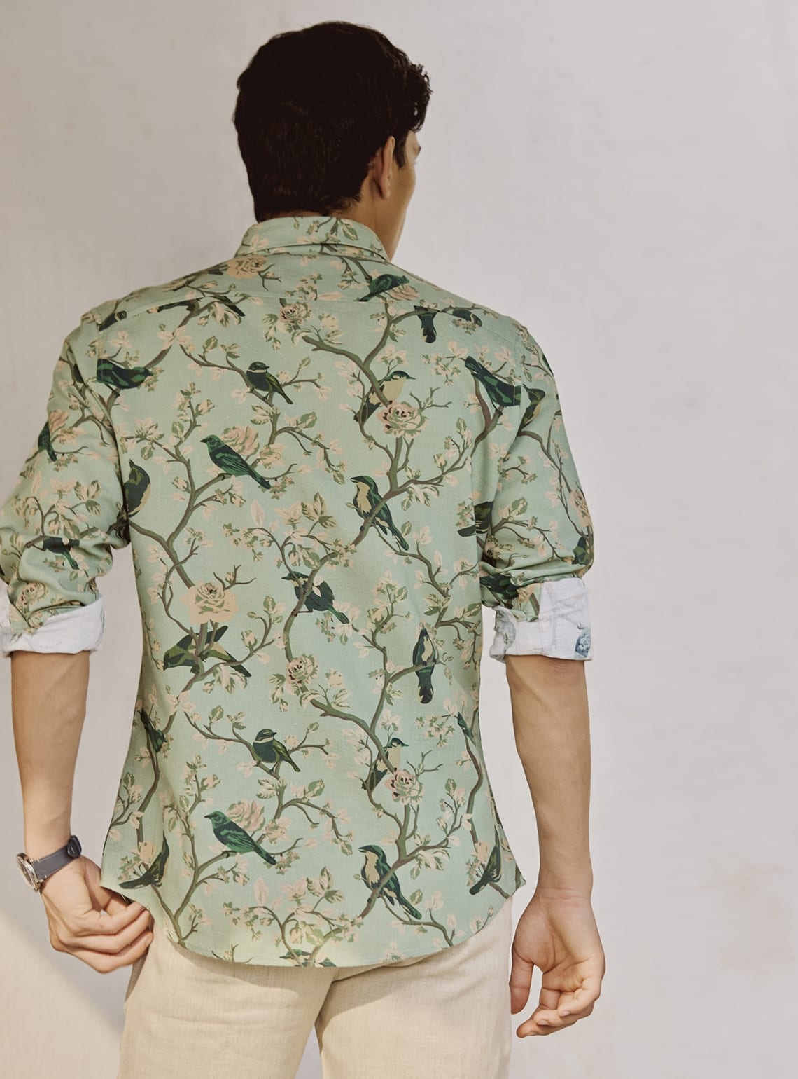 Green Flock Cotton Linen Print Shirt