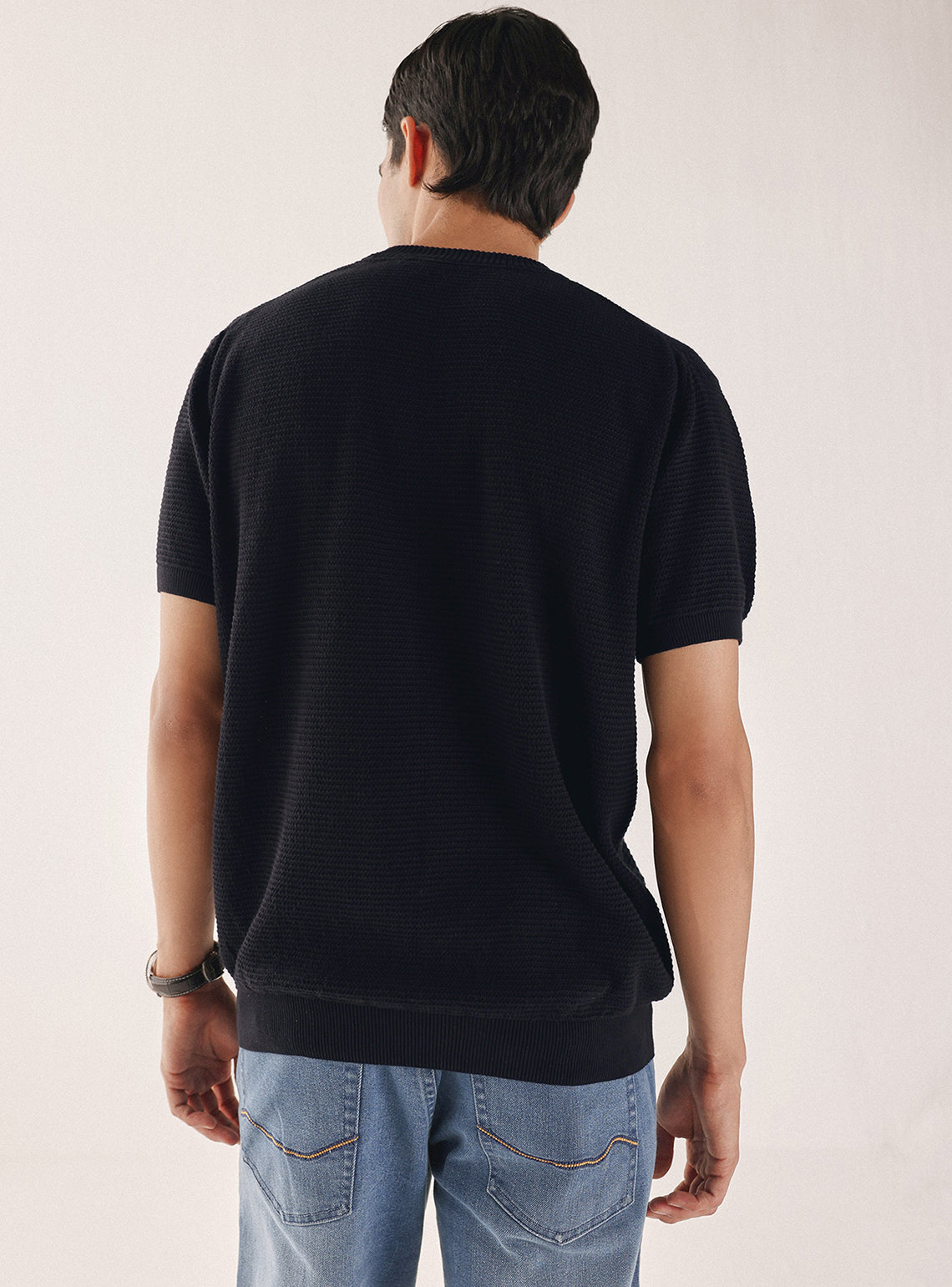 Jet Black Cotton Textured Crew