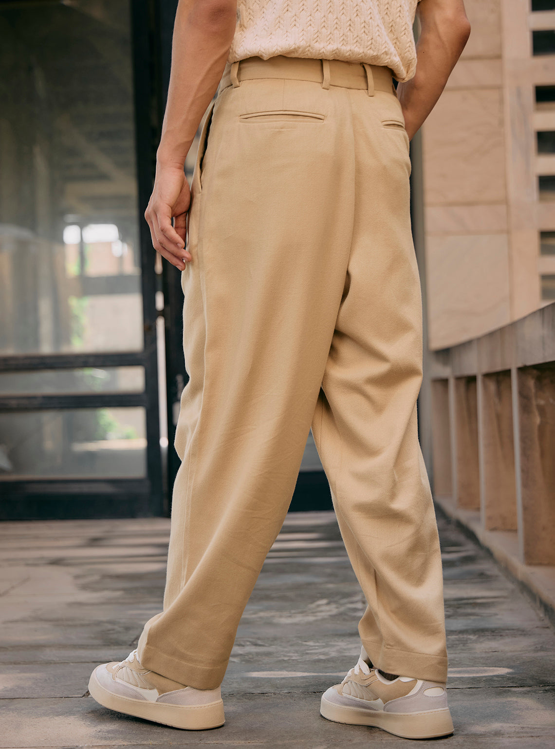 Camel Khaki Cotton Pleated Trousers