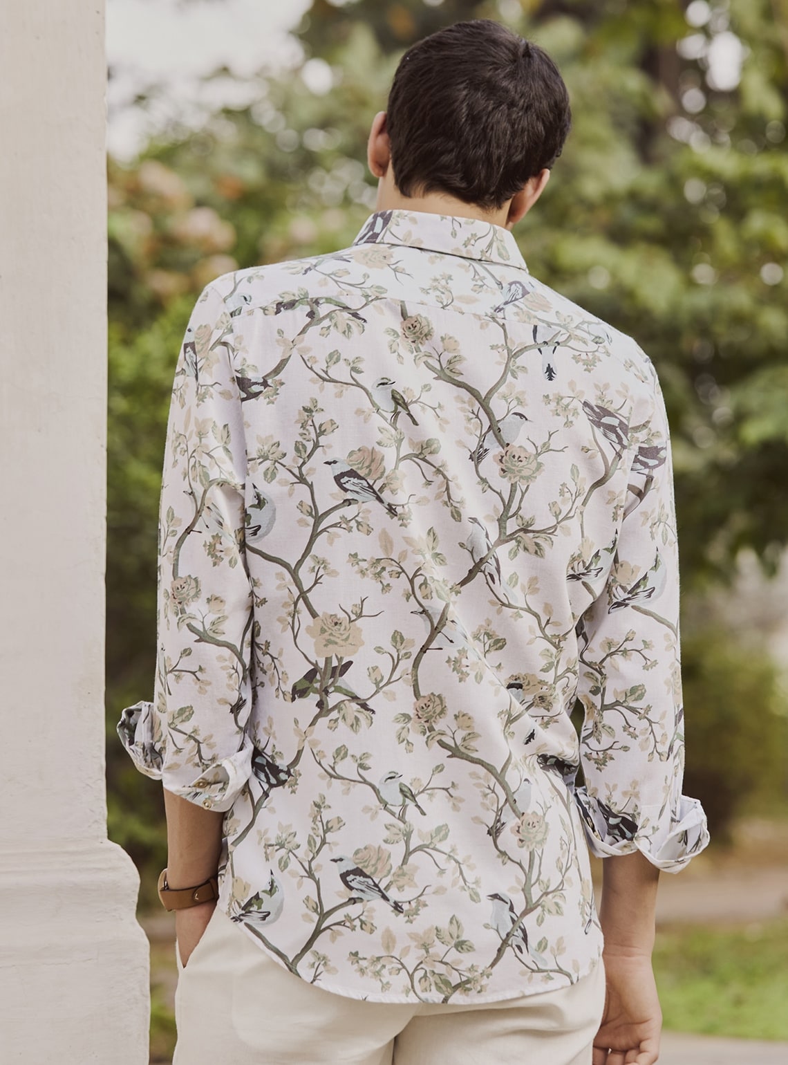 White Flock Cotton Linen Print Shirt