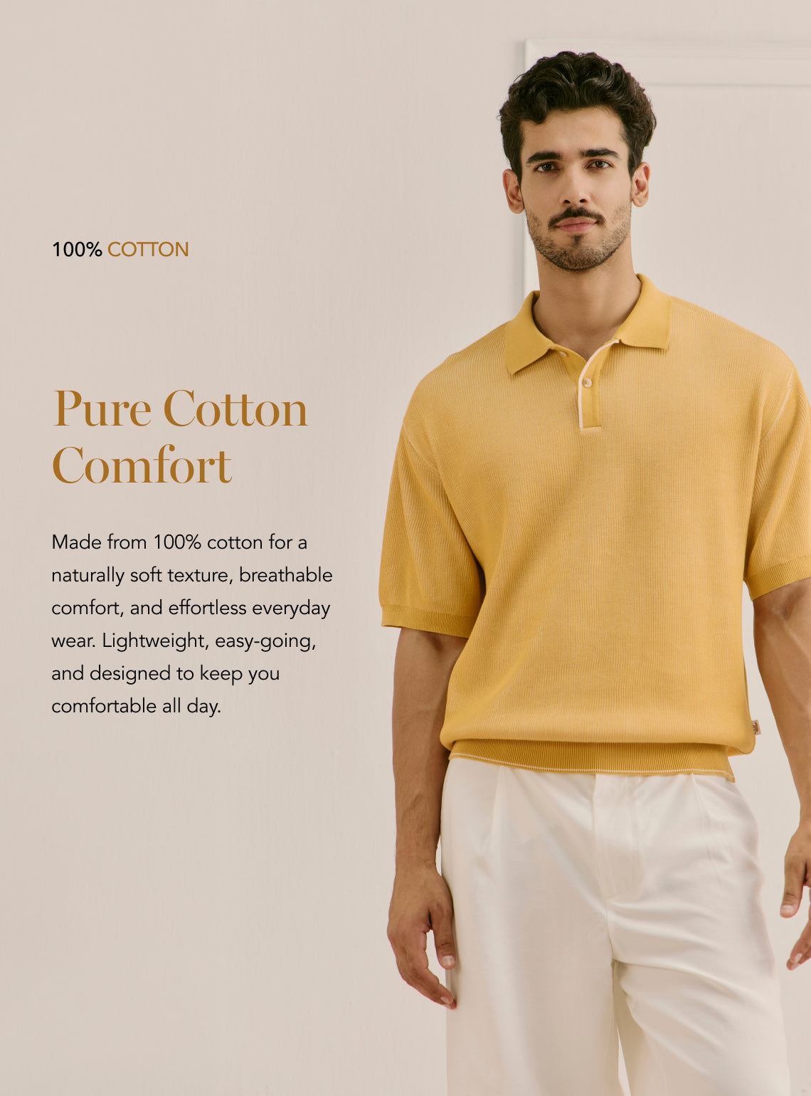 Solctice Yellow Cotton Structured Knit Polo