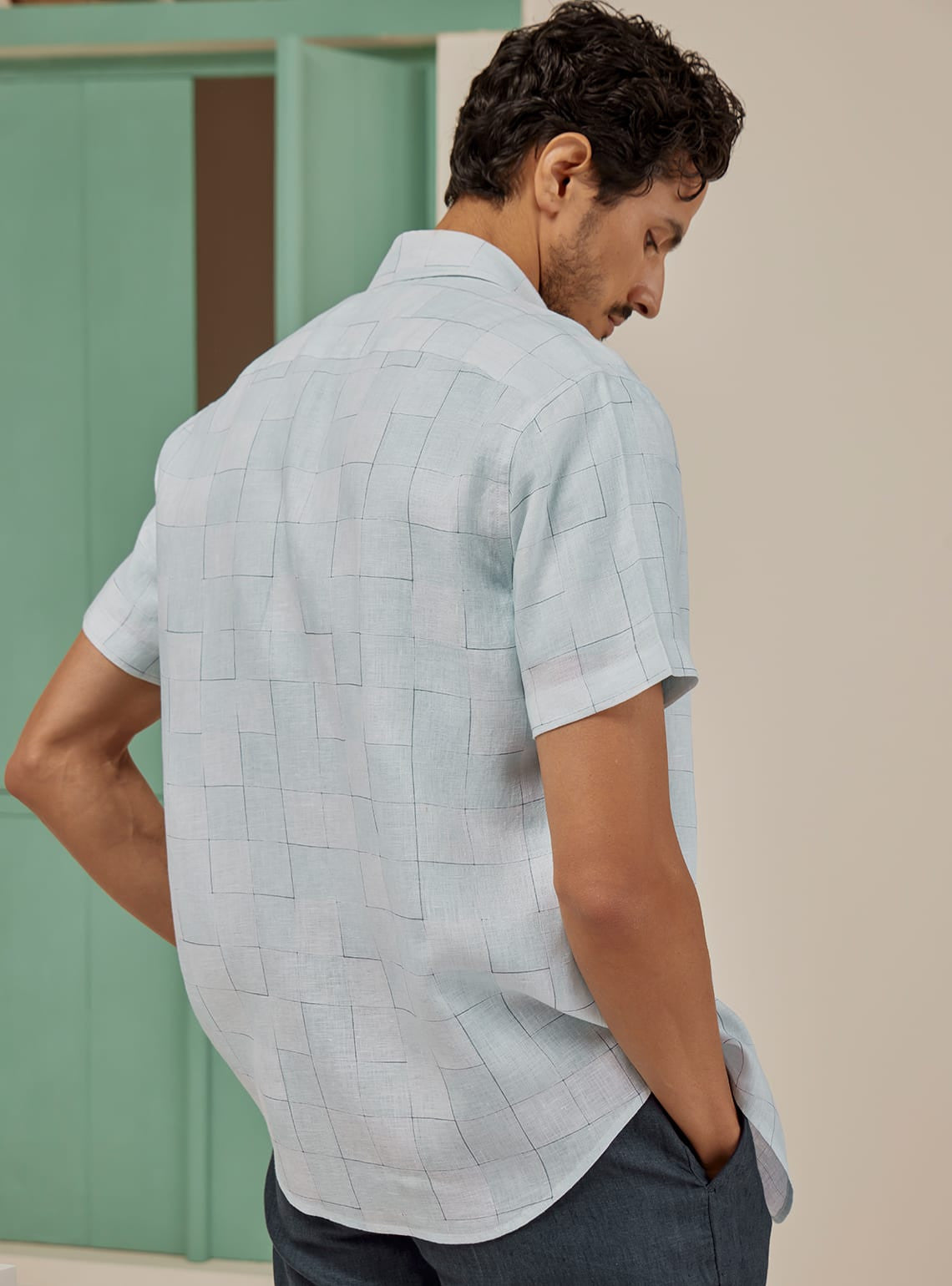 Aqua Grid Linen Shirt