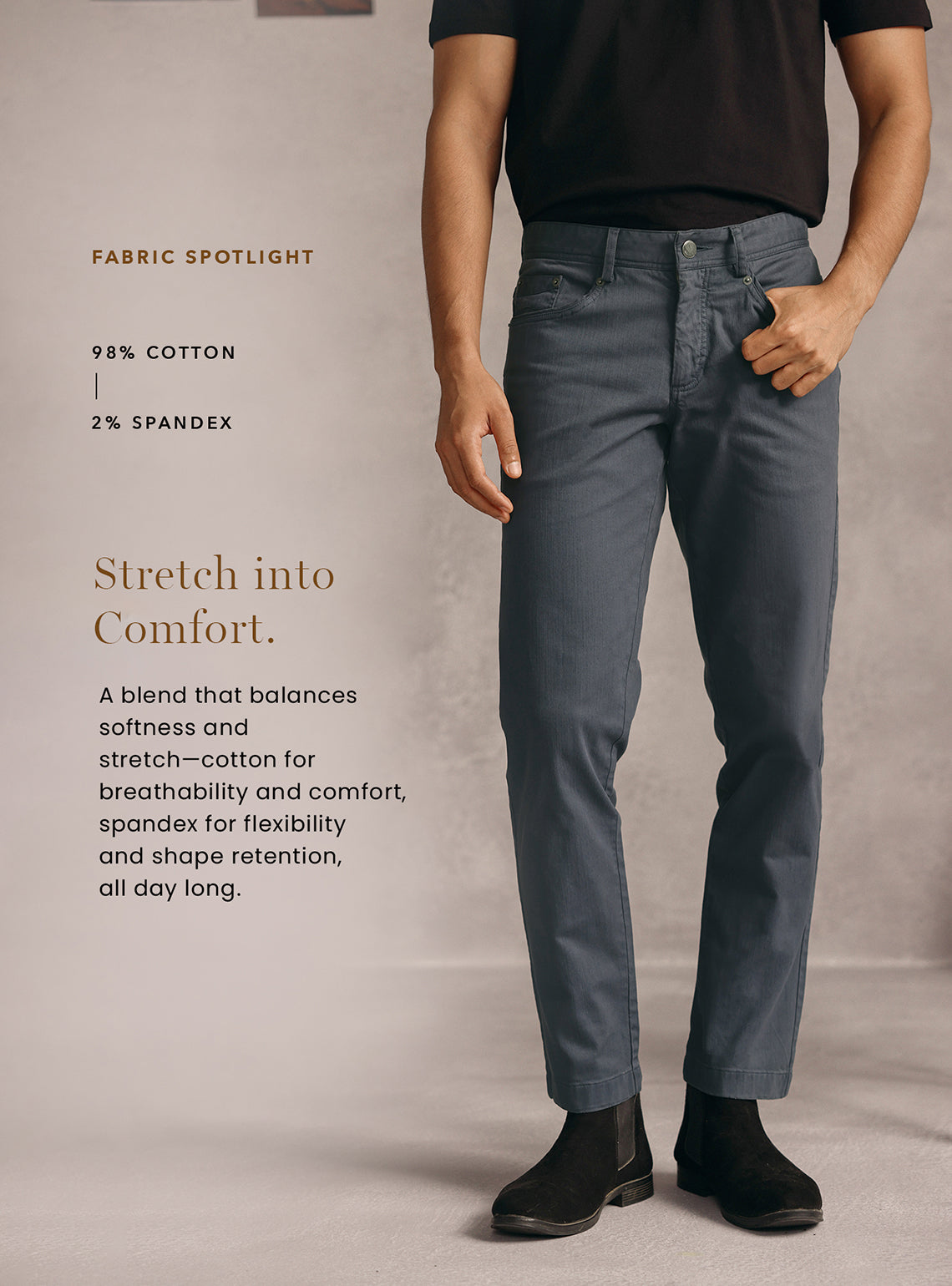 Gravel Grey Cotton Blend Overdye Denim Chinos