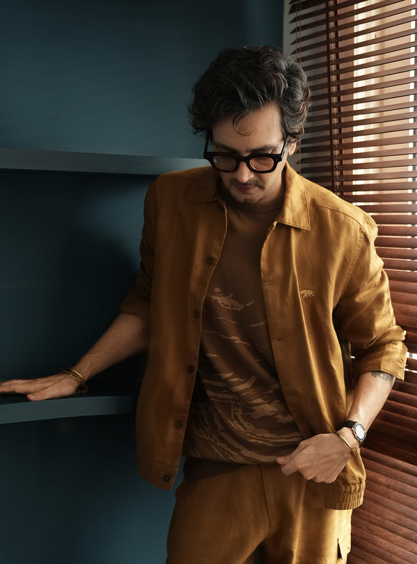 Tan Linen Bomber Jacket