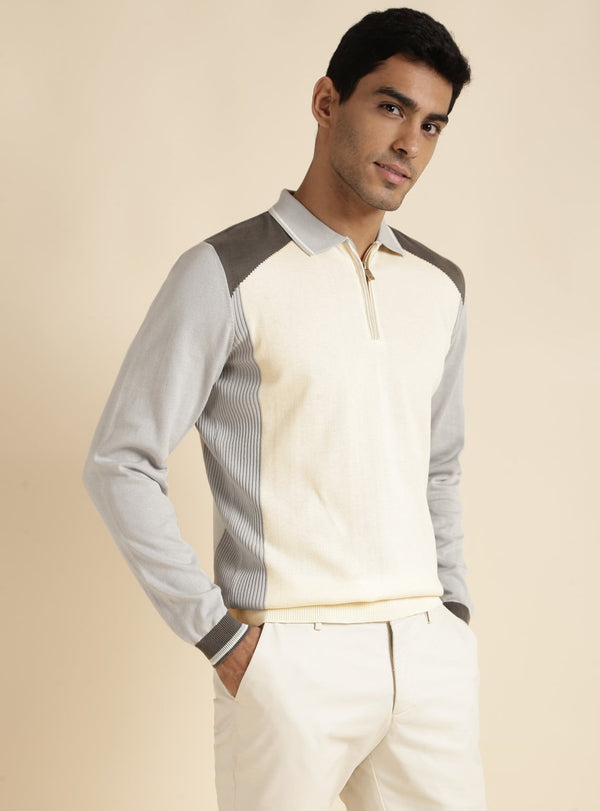 Cream Colour Block Polo Sweater