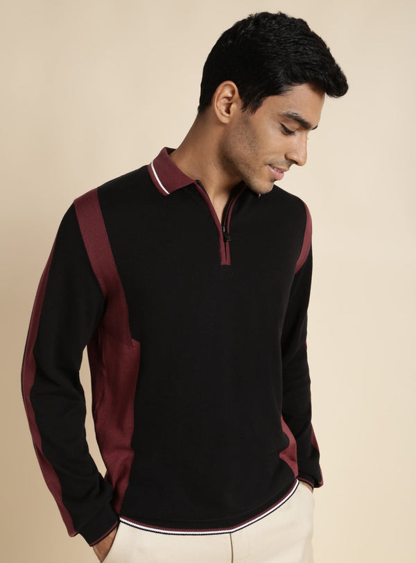 Burgundy Colour Block Polo Sweater