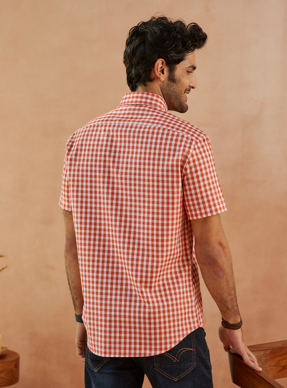 Neo Coral Check Half Shirt