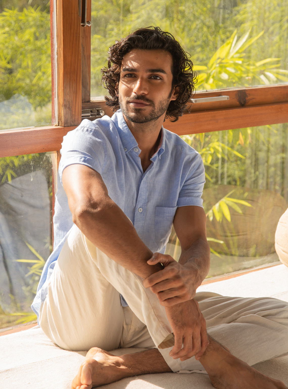 Saxe Chambray Linen Half- Shirt