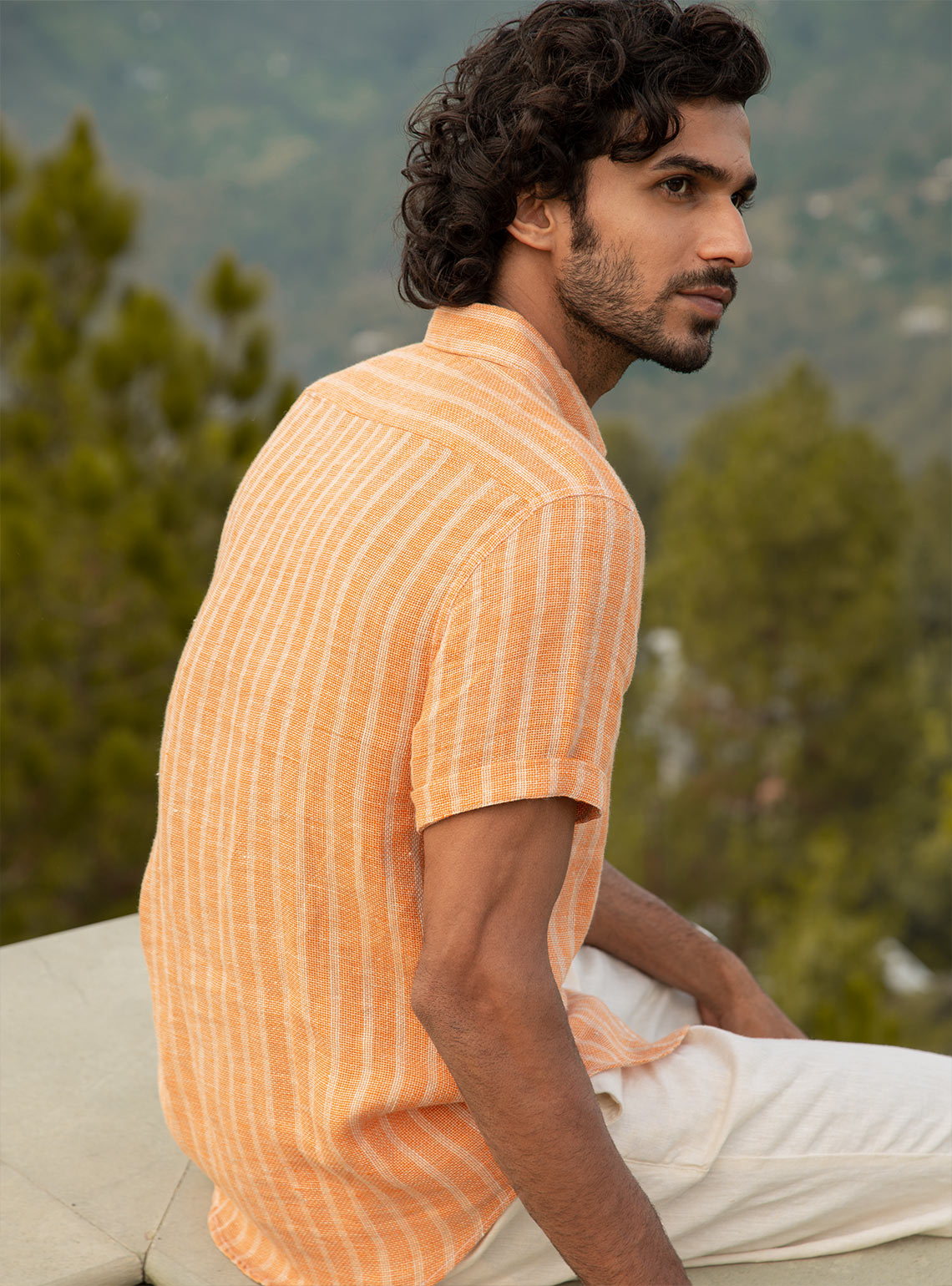 Orange Stripe Linen - Half Shirt