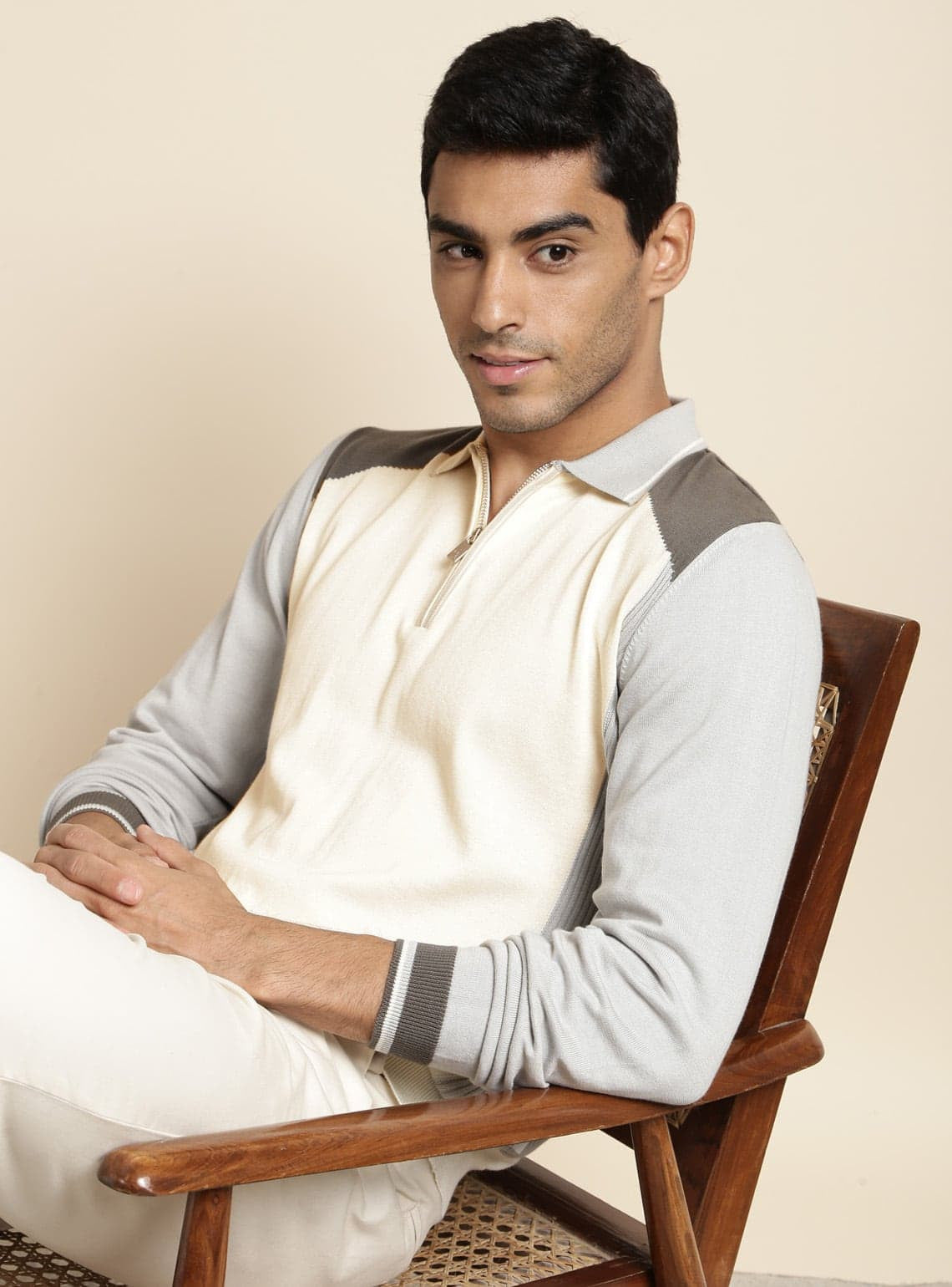 Cream Colour Block Polo Sweater