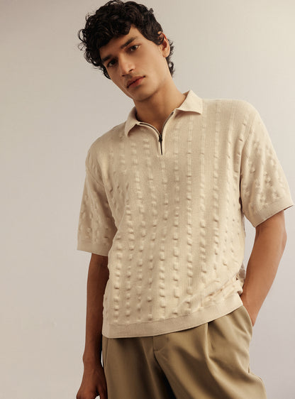 Vanilla White Cotton Seersucker Knit Polo