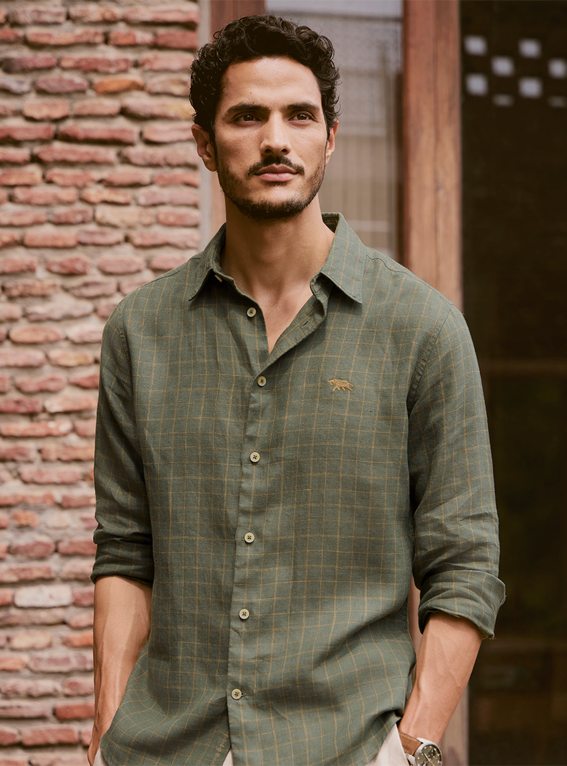 Gold Emerald European Linen Check Shirt