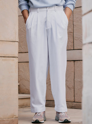 Frost White Cotton Pleated Trousers