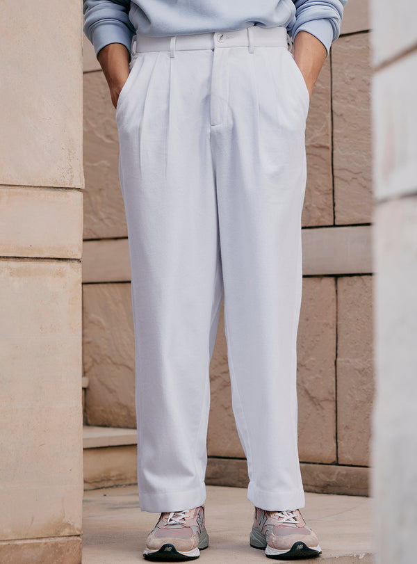 Frost White Cotton Pleated Trousers