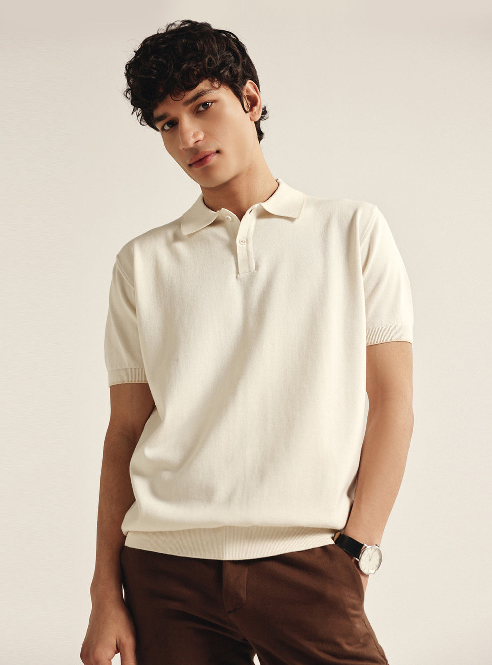 Buy Shell White Cotton Badge Polo | Casual Off-White Solid Polo for Men ...