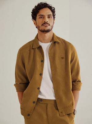 Tan Linen Bomber Jacket