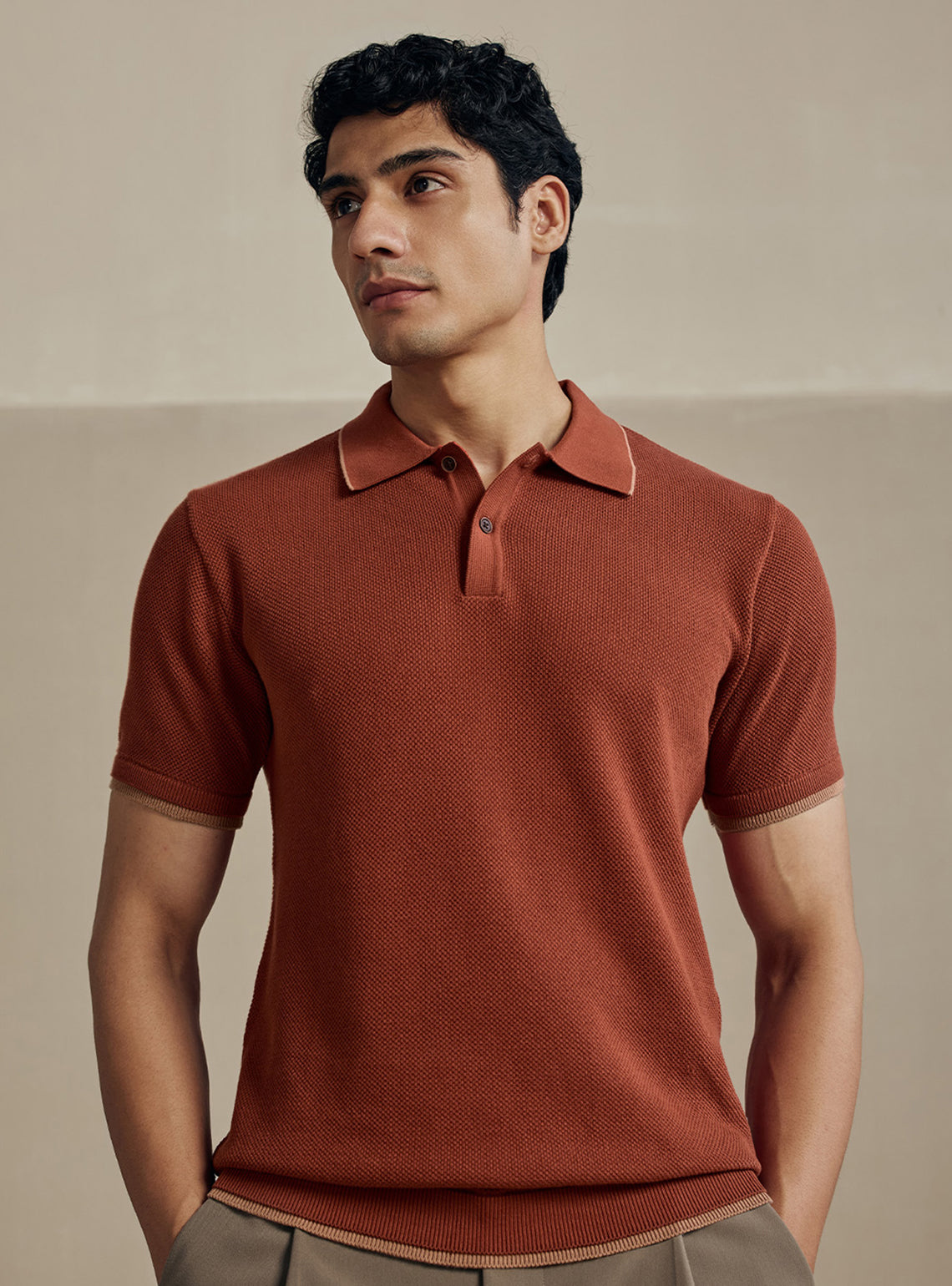 Burnt Rust Moss Knit Cotton Polo