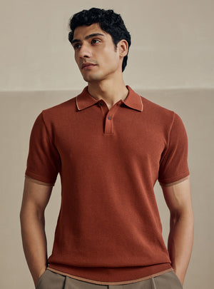 Burnt Rust Moss Knit Cotton Polo