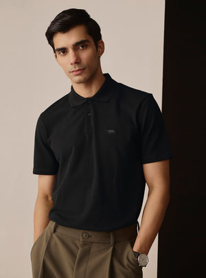 Coal Black Cotton Stretch Polo