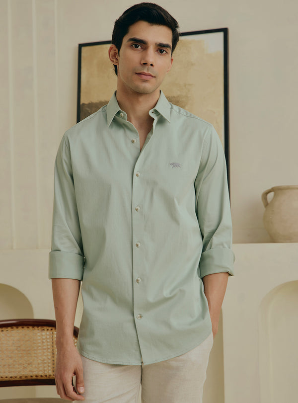 Pistachio Green Cotton Stretch Satin Shirt