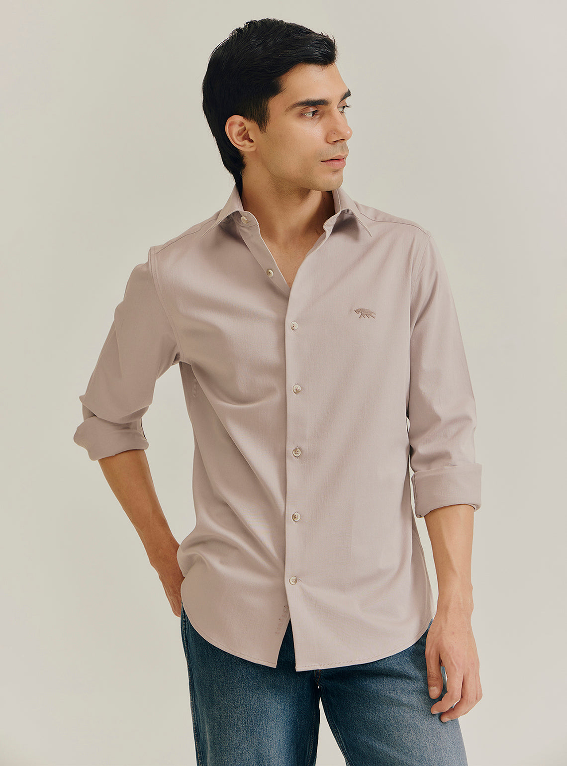 Khaki Cotton Stretch Dobby Shirt
