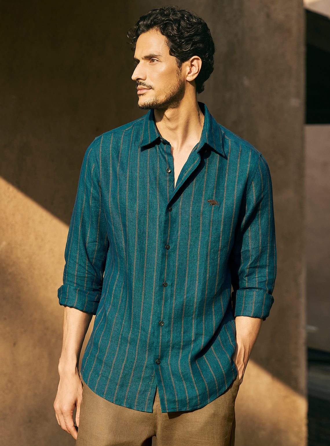Breeze Teal European Linen Stripe Shirt