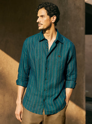 Breeze Teal European Linen Stripe Shirt