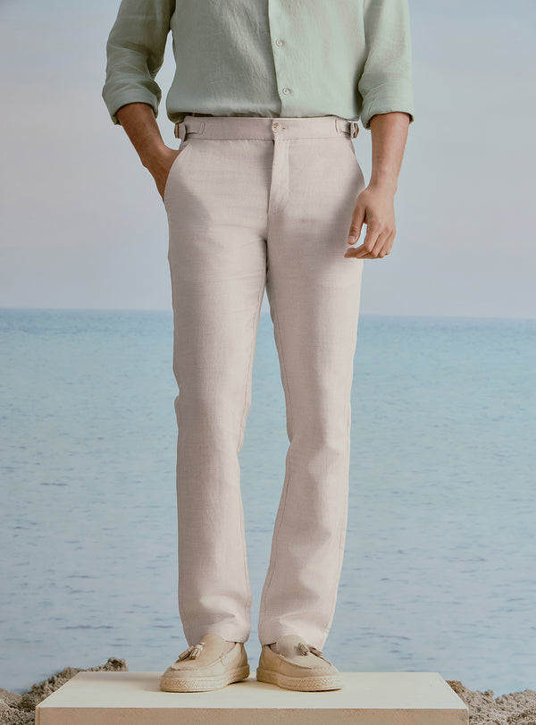 Dune Beige Linen Herringbone Trousers