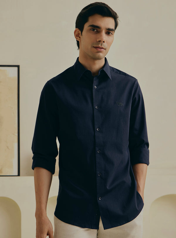 Azure Navy Cotton Stretch Satin Shirt