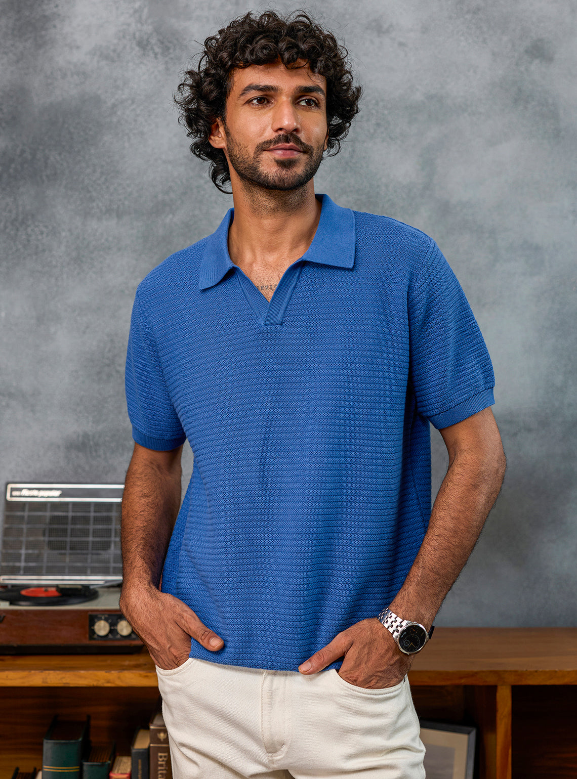 Interlude Blue Textured Cotton Polo